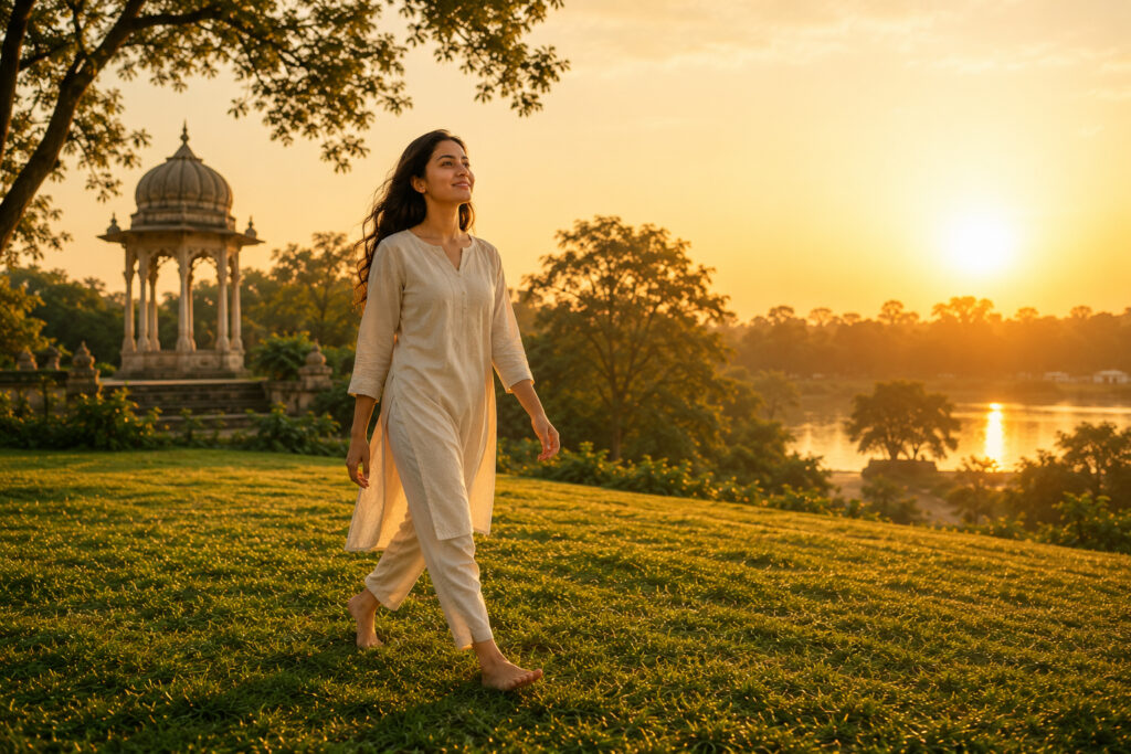 morning sunlight grounding woman relaxed
