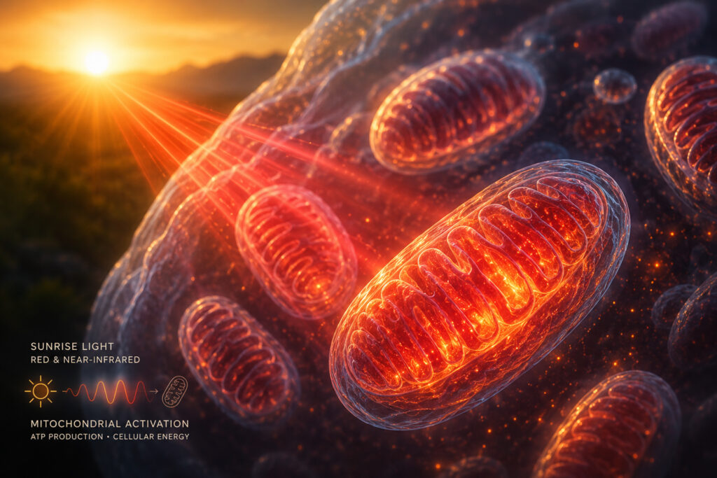 Red and near infrared sunrise light interacting with human cells and mitochondria in a wellness visualization