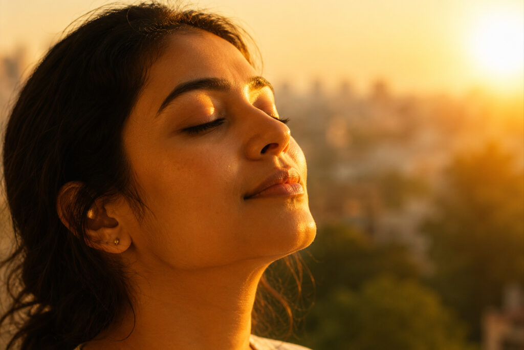 Scientific visualization of sunrise light frequencies above Indian cityscape highlighting near infrared and red light benefits for human health