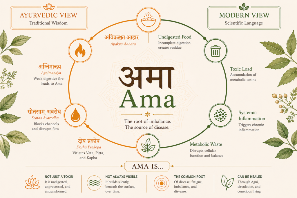 Infographic explaining Ama in Ayurveda as undigested food, toxic load, metabolic waste and systemic inflammation in the body.