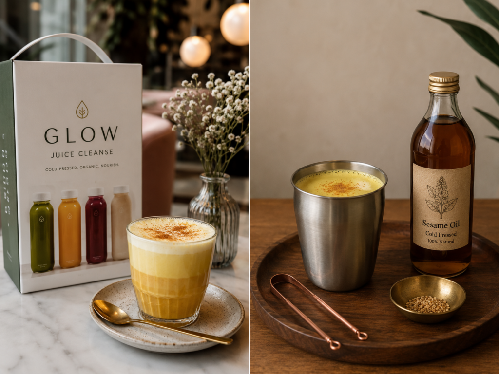Ancient Indian detox rituals vs modern wellness trends, showing haldi doodh, tongue scraper and sesame oil beside a juice cleanse box and turmeric latte.