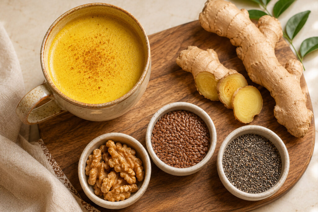 Flat lay of turmeric golden milk, fresh ginger, walnuts, flaxseeds and chia seeds for natural anti-inflammatory support