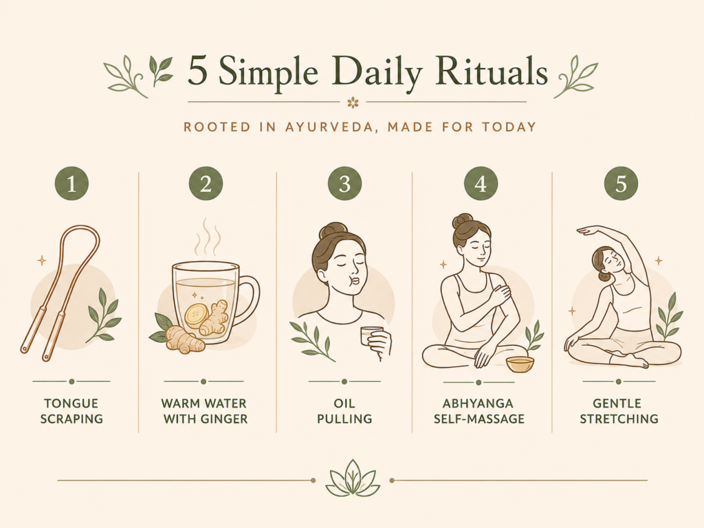 Step-by-step Dinacharya morning routine infographic with tongue scraping, warm water with ginger, oil pulling, Abhyanga and gentle stretching.