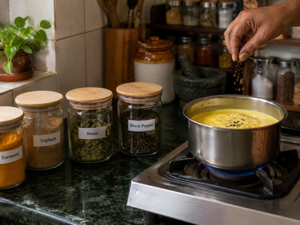 Indian kitchen counter with jars of turmeric, neem, Triphala and black pepper beside a pot of haldi doodh, showing everyday Ayurvedic detox remedies.