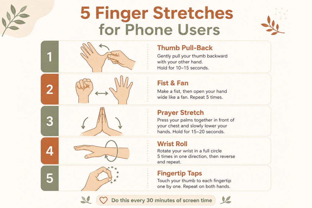 Infographic showing 5 finger stretches to prevent phone-related finger pain and texting thumb