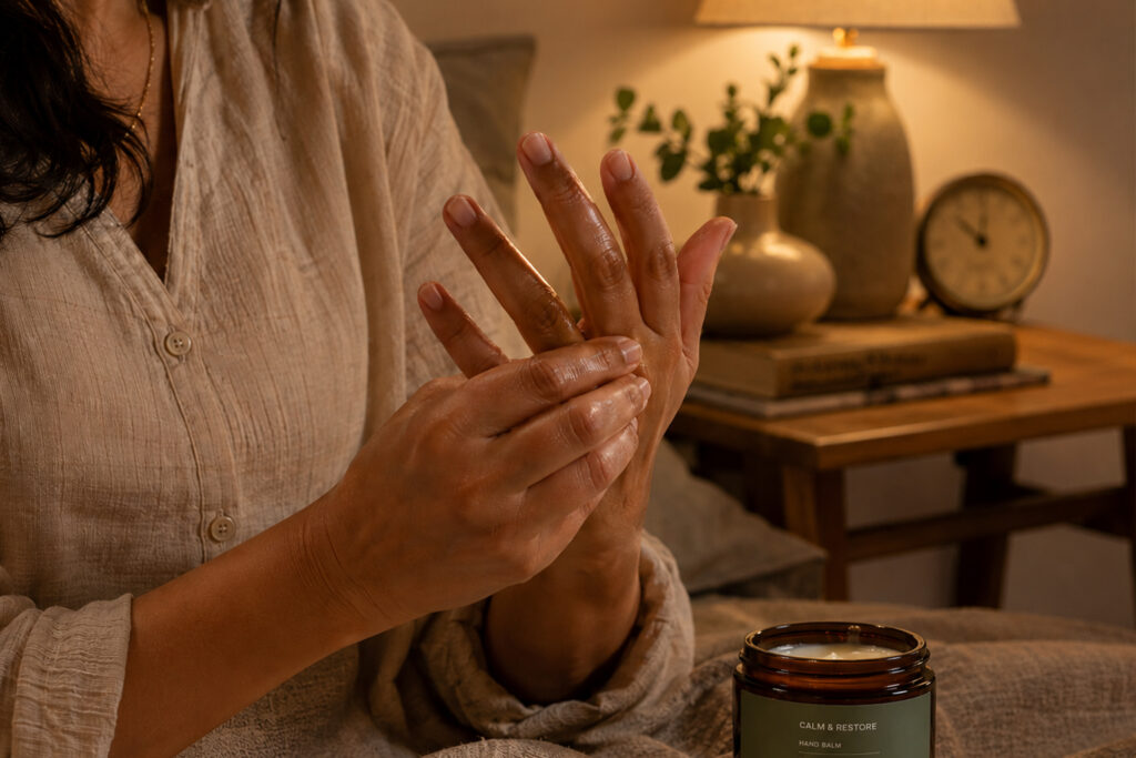 Woman massaging her fingers with hand cream as a nightly routine to relieve phone-related finger pain
