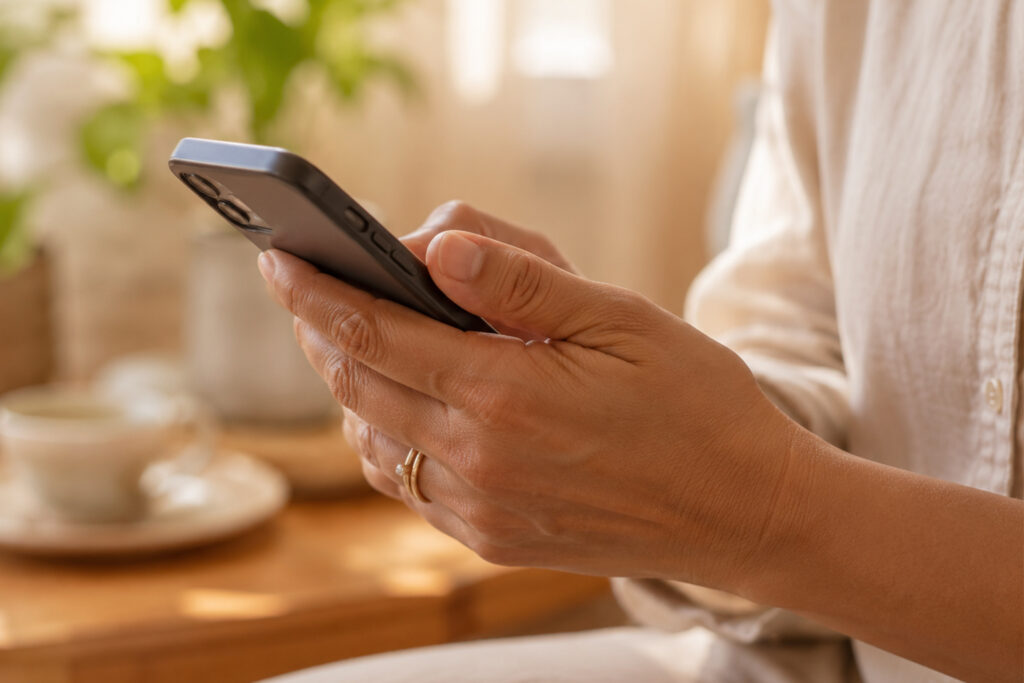 ○ Woman holding smartphone with tense fingers, symbolising phone-related finger pain and overuse