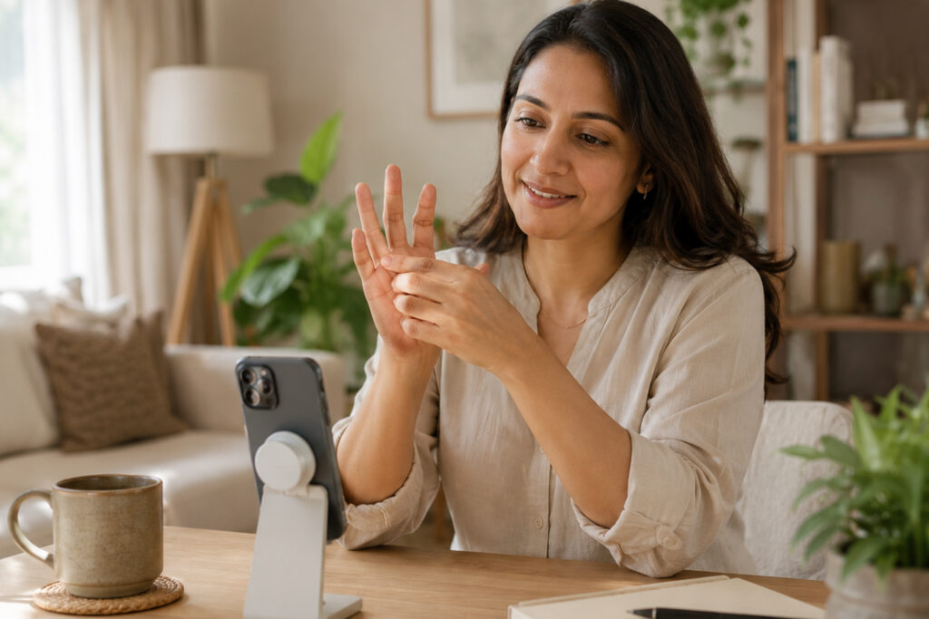 Woman using a phone stand and PopSocket, speaking a voice note and stretching her fingers as a smarter way to text