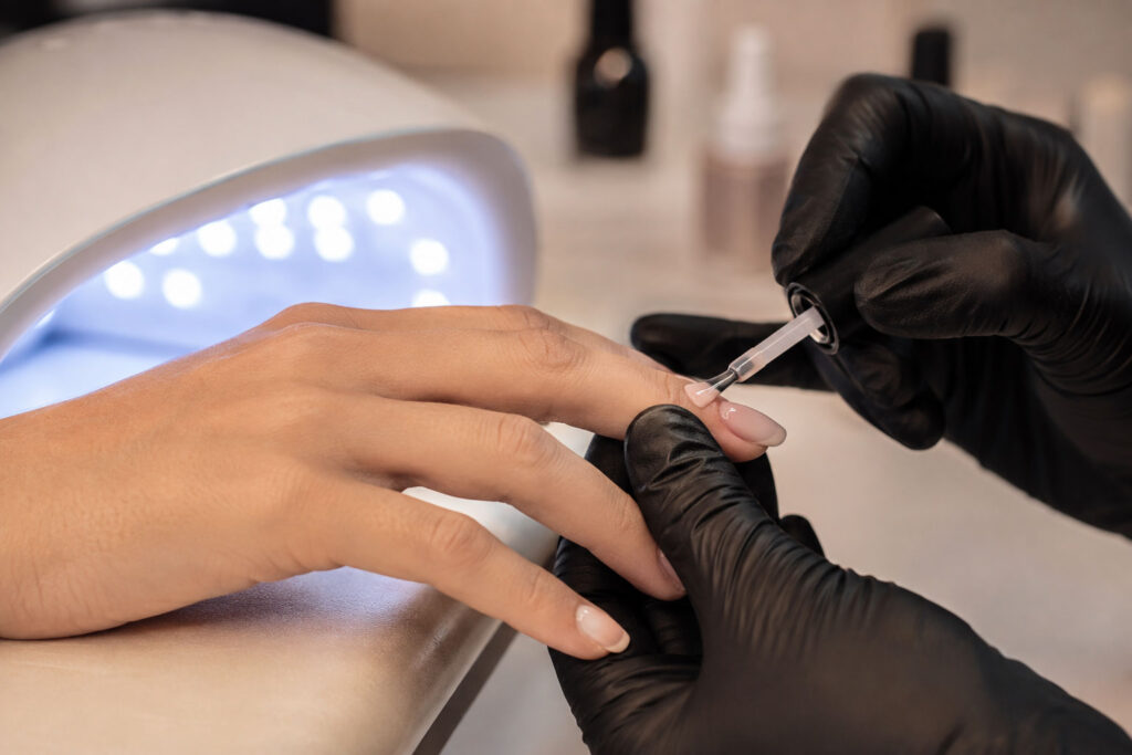  Gel polish being applied to the nail while making contact with surrounding skin