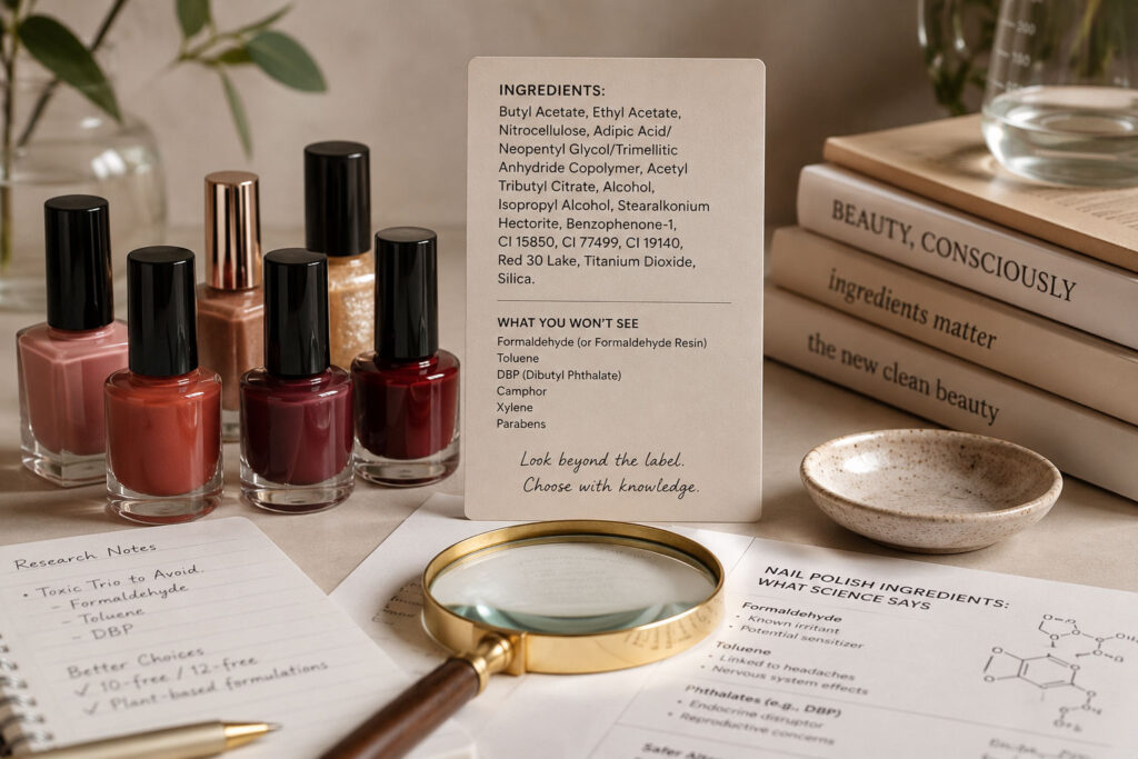  Nail polish bottles and ingredient labels showing why “non-toxic” claims require closer attention