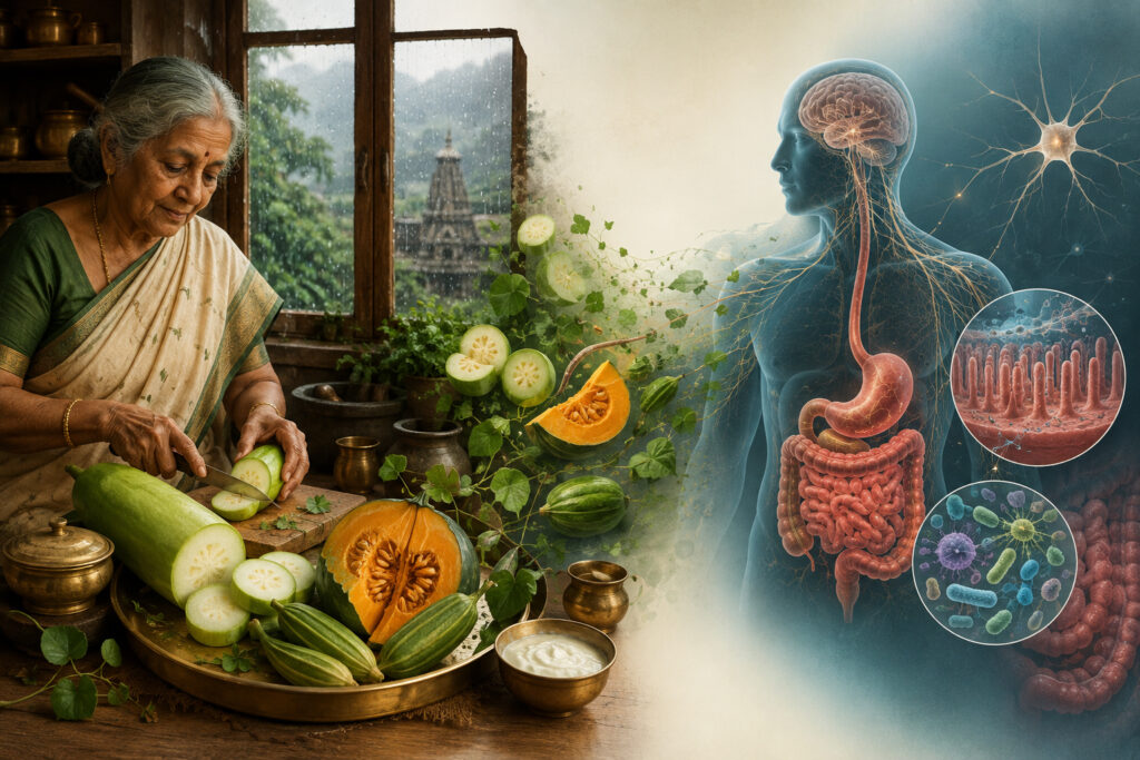 Indian grandmother preparing traditional Sawan foods with modern scientific illustration of gut health, microbiome and nervous system during the monsoon season.