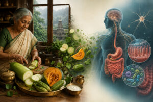 Indian grandmother preparing traditional Sawan foods with modern scientific illustration of gut health, microbiome and nervous system during the monsoon season.