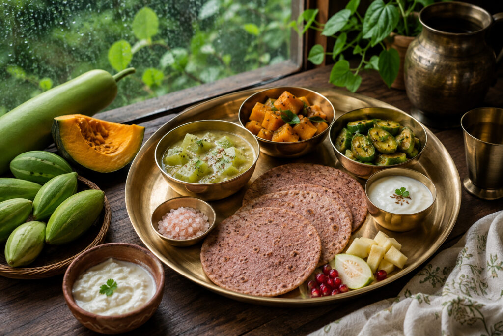 Traditional Sawan thali featuring lauki, pumpkin, parval, amaranth rotis, curd and seasonal fruits, illustrating healthy foods to eat during the Sawan monsoon season.