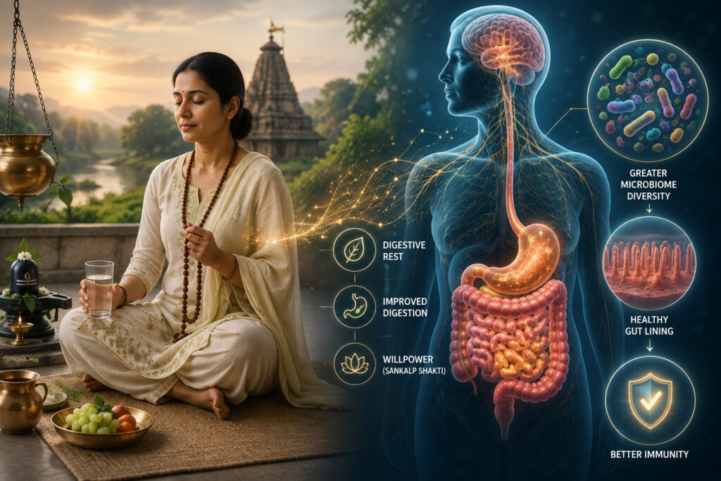 Illustration of Sawan Monday fasting linked with gut microbiome health and digestive benefits through modern science.