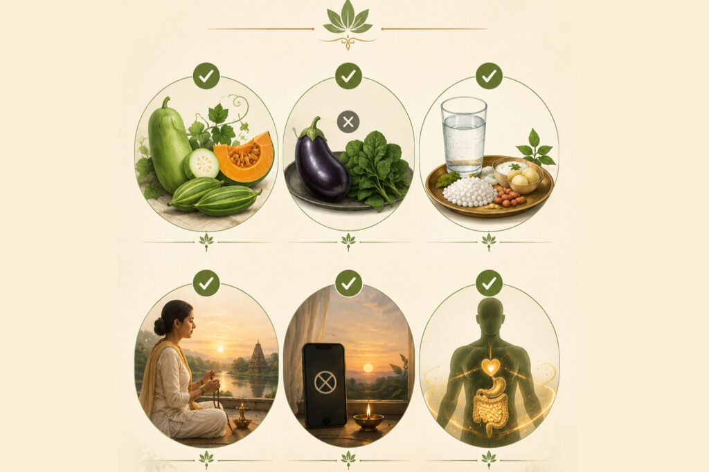 Illustrated Sawan wellness checklist featuring seasonal foods, fasting, chanting and digital detox habits for the monsoon season.
